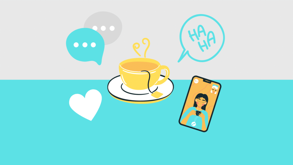A graphic displaying a coffee cup with a heart icon and a smartphone showing a person's image with speech bubbles containing a laughter expression and a text message icon.